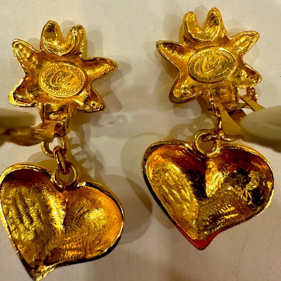 VINTAGE💗CHRISTIAN LACROIX HEART AND SUN GOLD DANGLE CLIP ON EARRINGS FROM 90’S - Picture 5 of 7
